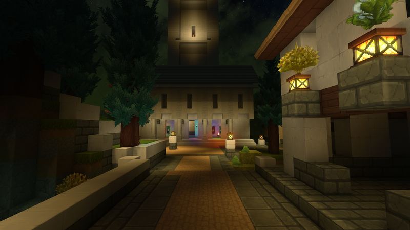 A lantern-lit street leading to the Expedition Hall at night