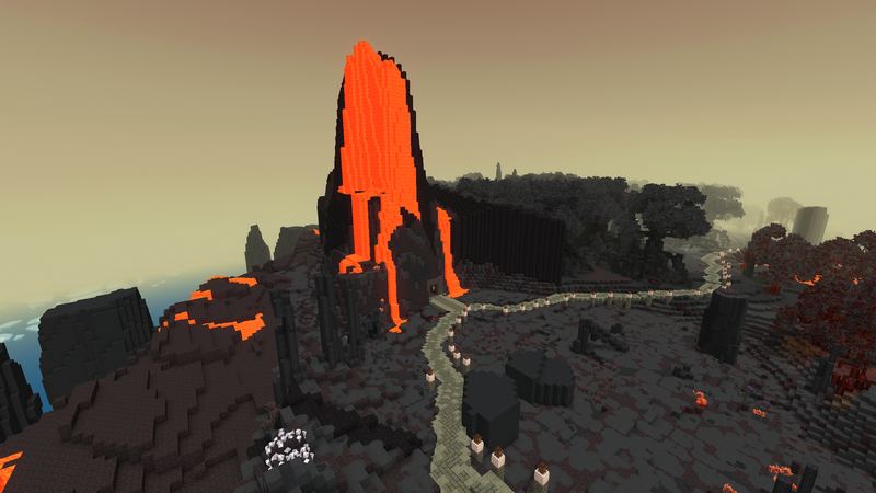 A lit road crosses a dark volcanic island towards a mountain streaming with lava