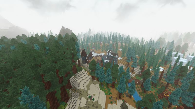 A timber hold among frost pines under misty mountains