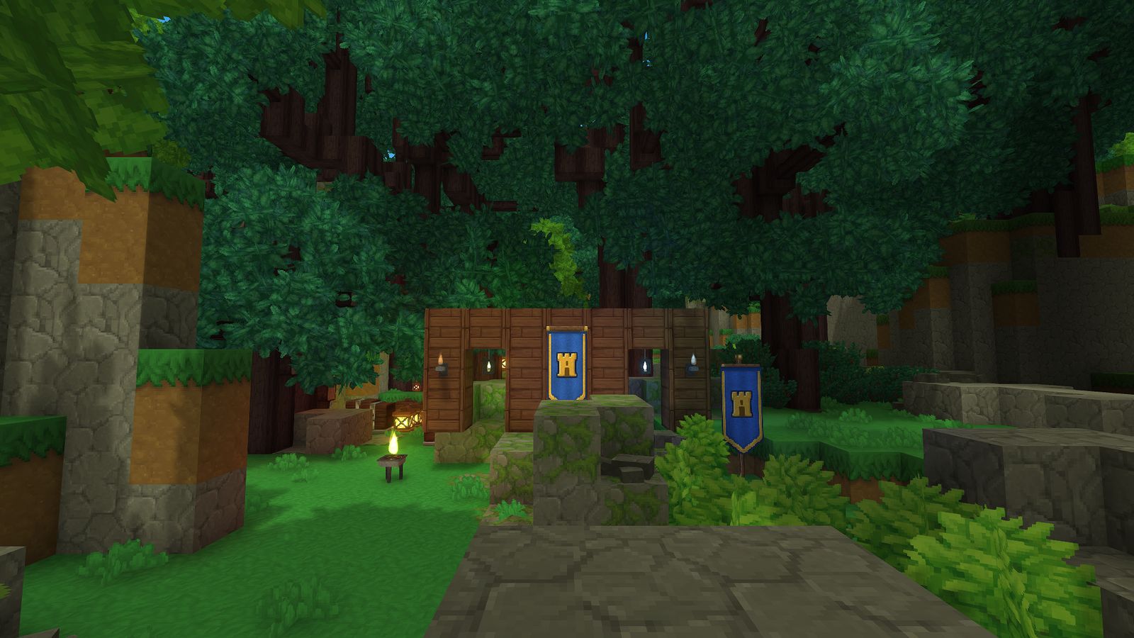 A wooden cabin under a great jungle canopy, with a blue heraldic banner on its wall and a standard beside it