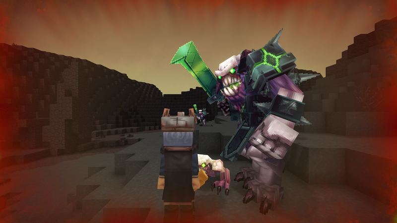 A Herald of the Void raises a green blade over an adventurer on an ash plain