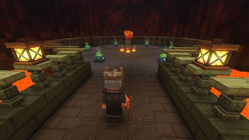 An adventurer on a causeway between lava pools, facing a chamber of green-flamed braziers